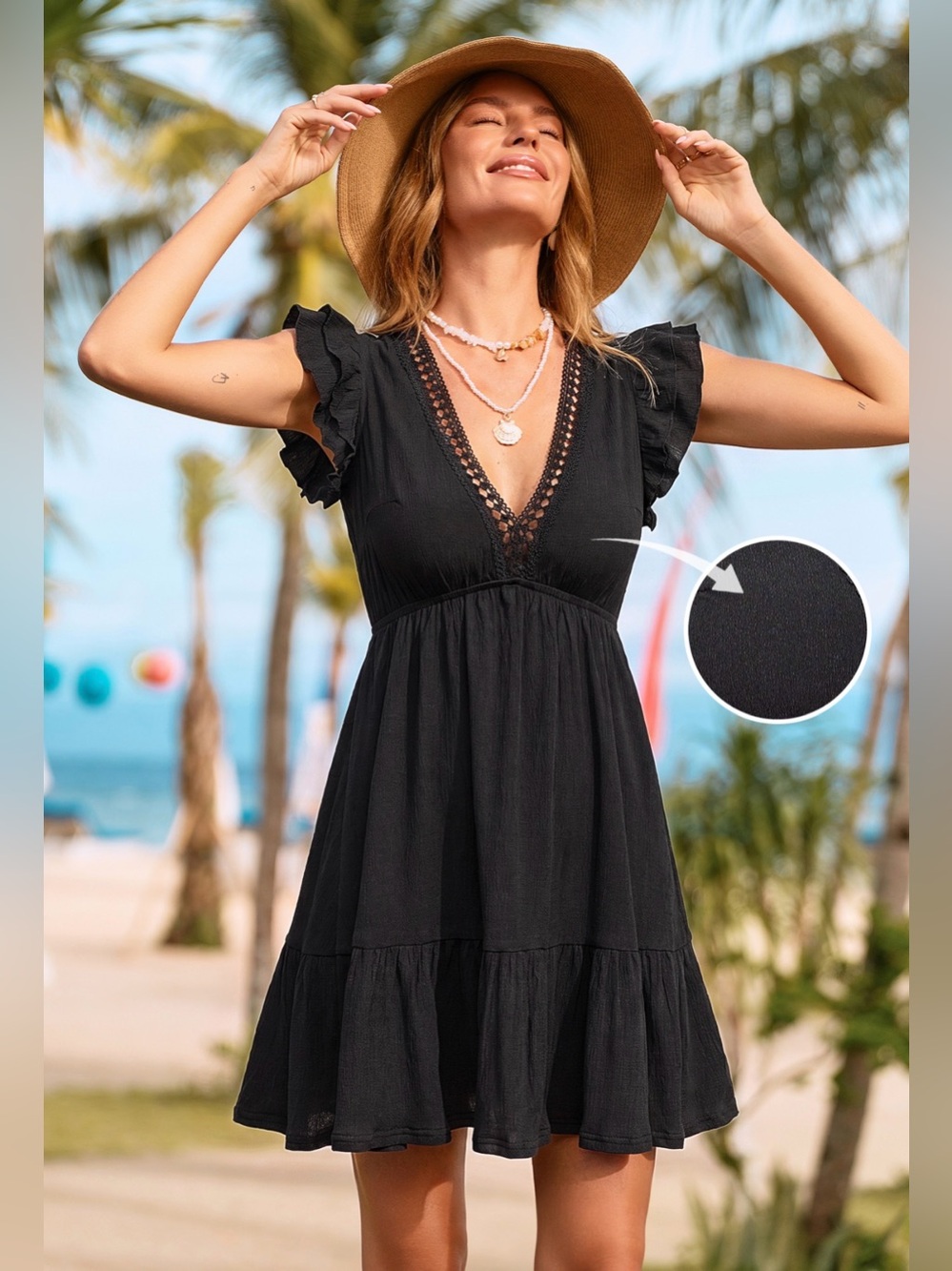 Black Ruffled Short Sleeve Plunging Ruffled Mini Dress